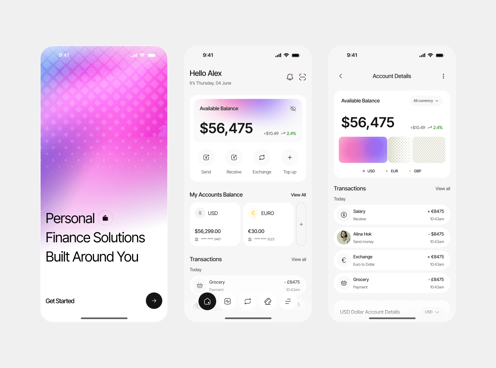 Banking App UI/UX design with account management, transaction history, and budgeting features